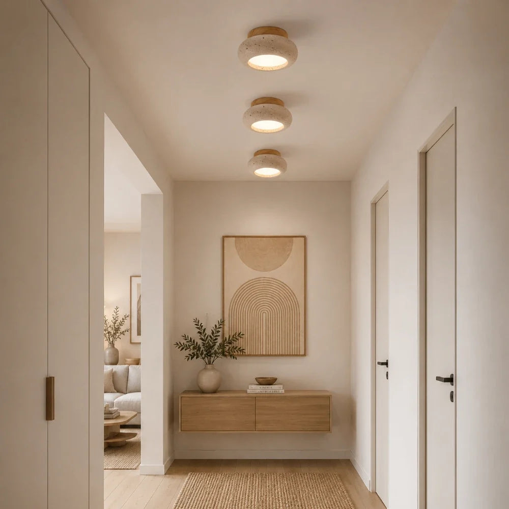 Plafonnier moderne en travertin & bois | Norden